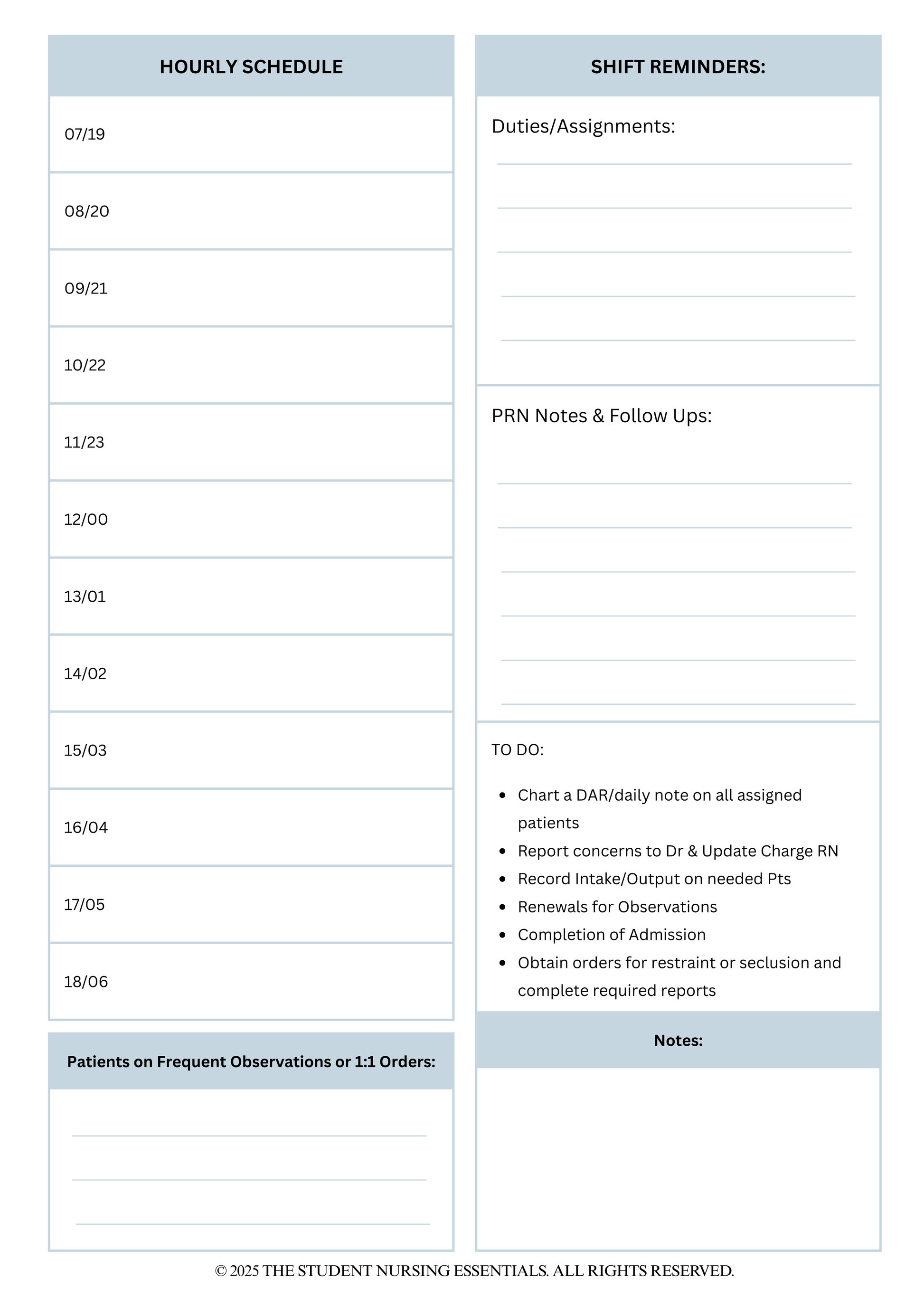Digital Psych Nursing Shift Sheets| Printable Templates for Clinical Success