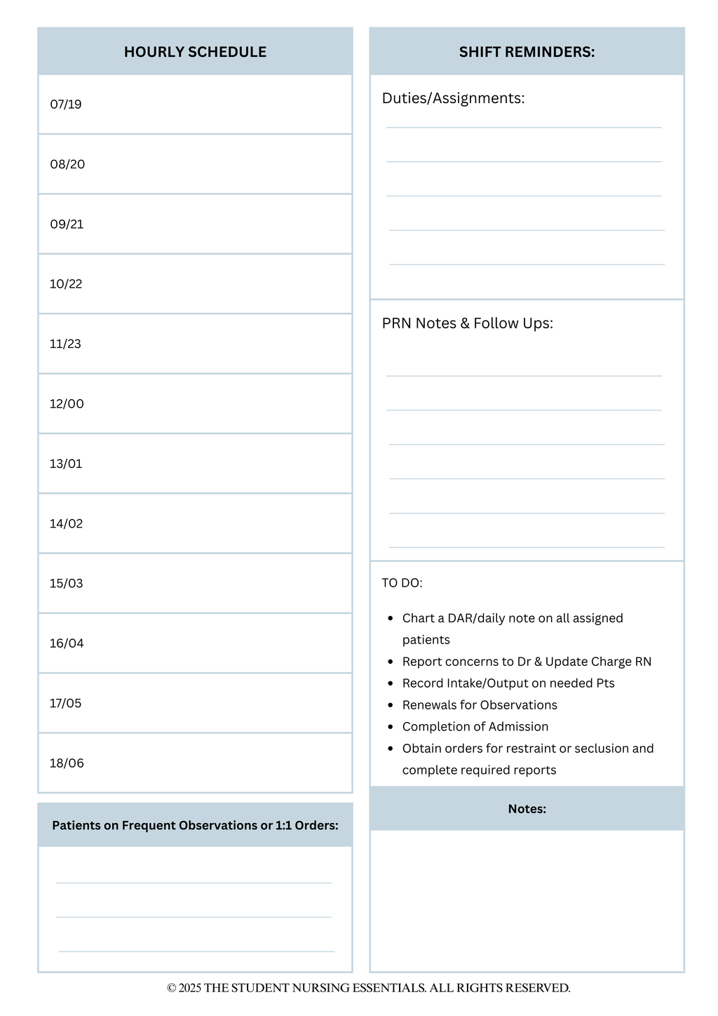 Digital Psych Nursing Shift Sheets| Printable Templates for Clinical Success