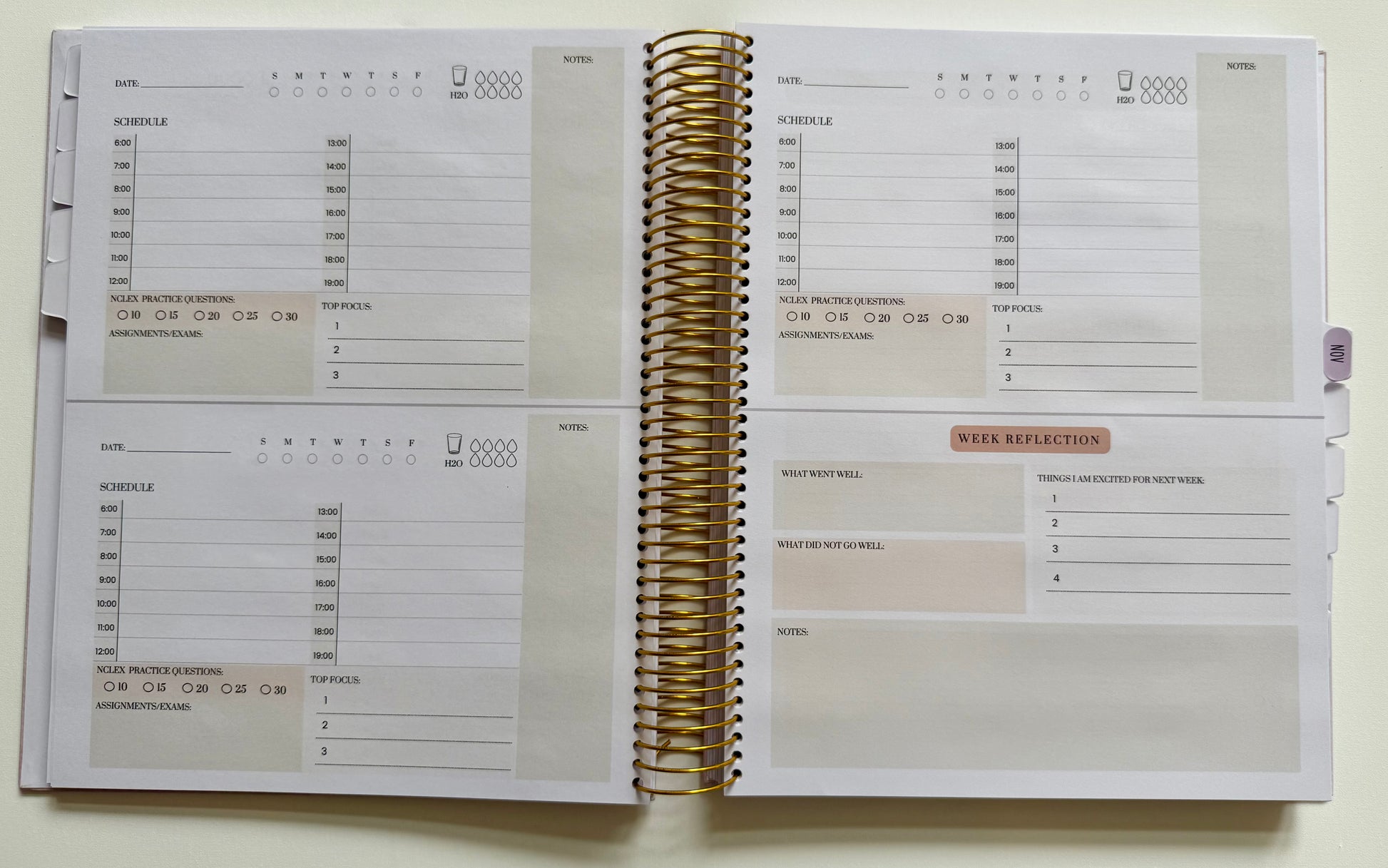 Undated Nursing Student Planner | Hard Cover | Stickers | Templates | Gold Spiral Binding